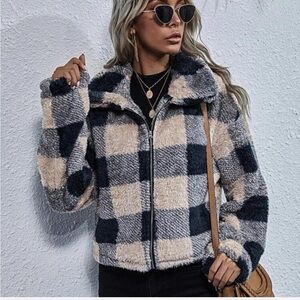 Plaid Print Zip Up Teddy Jacket